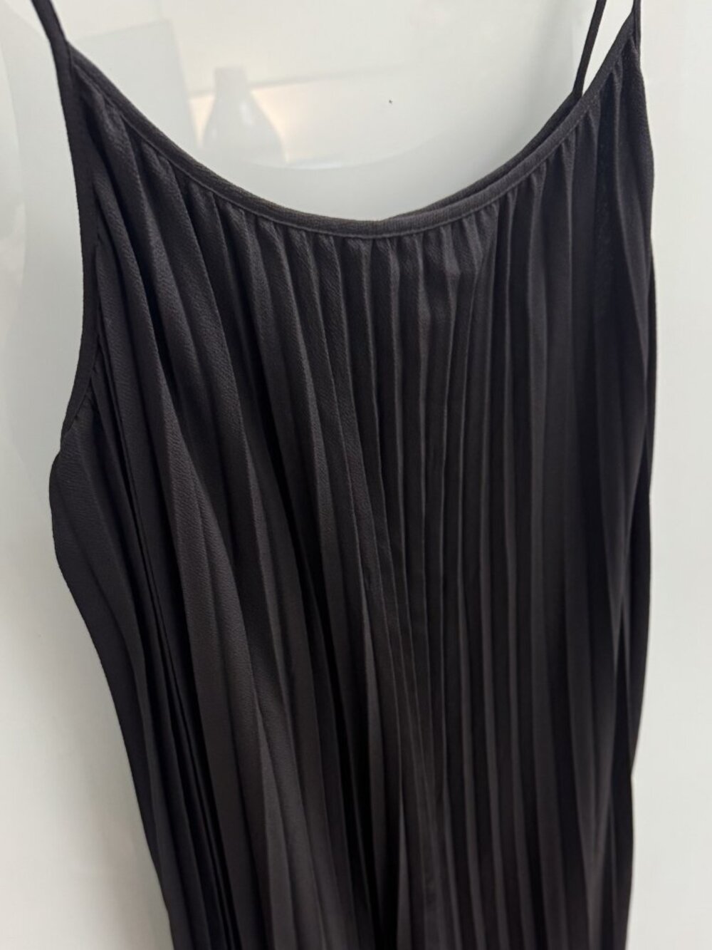Midi, strappy black crepe pleated dress, size M